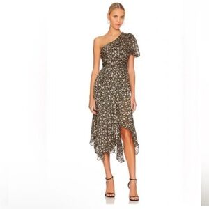 ASTR The Label Taupe/Brown/Tan/Black Floral One-Shoulder Flowy Chiffon Dress S